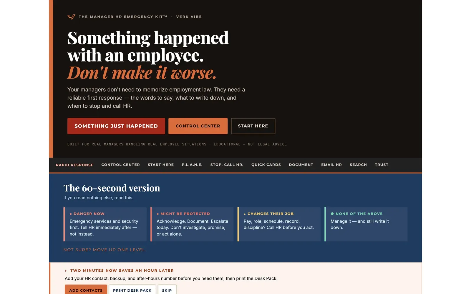 The Manager HR Emergency Kit interface: the first-response screen a manager opens when something happens with an employee